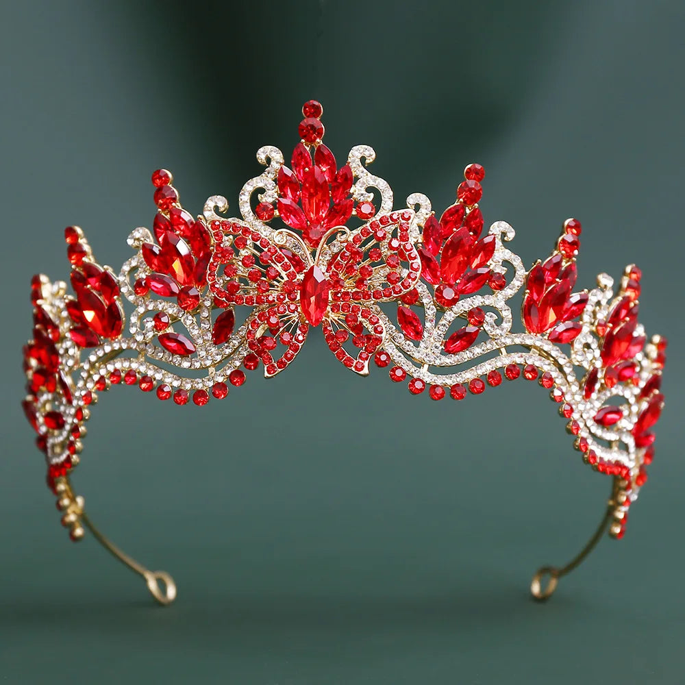 Red rhinestone tiara headband with deep red center gem and vine accents