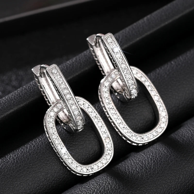 Fashion Geometric Oval Double Hoop Drop Earrings with Bright Zirconia Jewelry Gift
