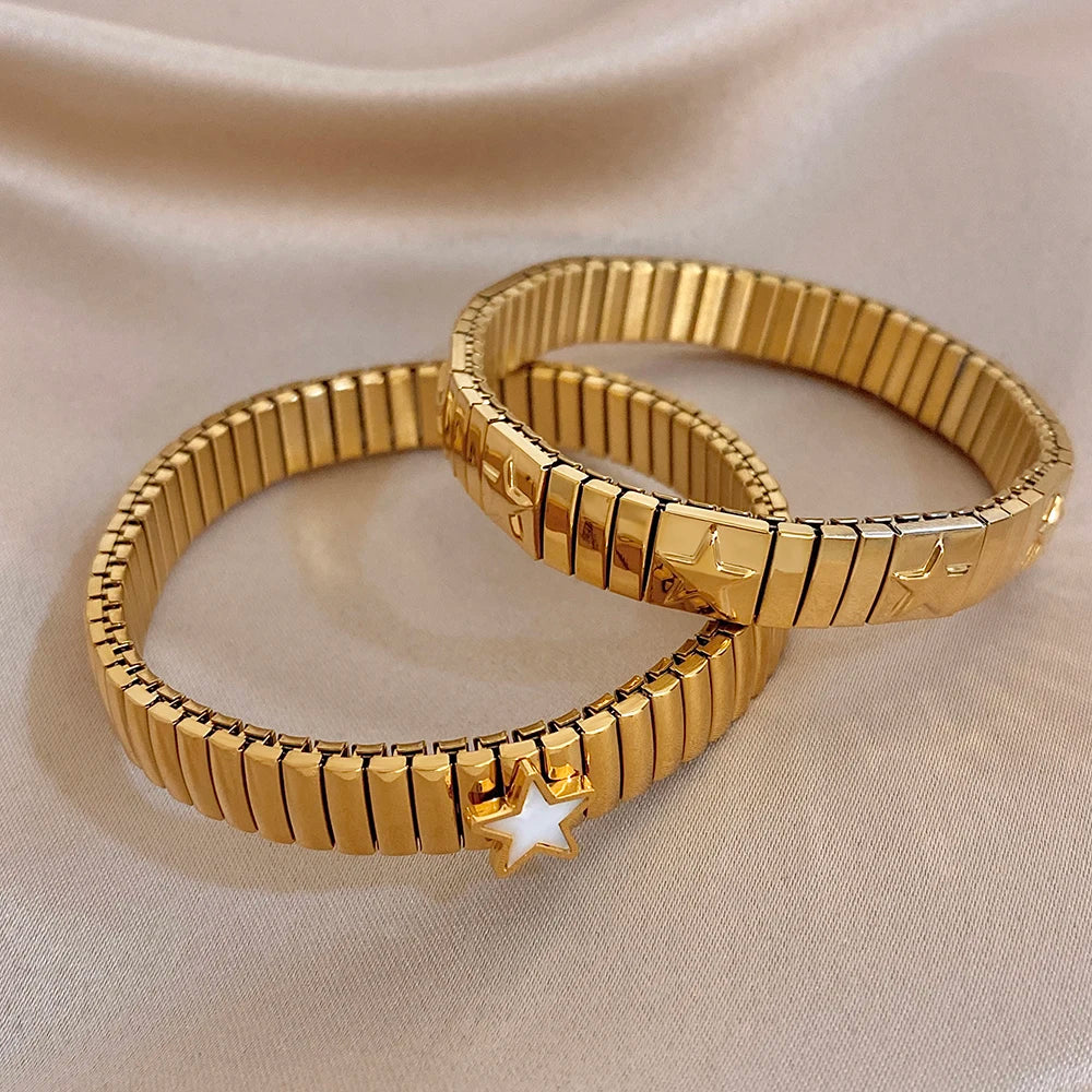 Fashion Star Textured Stainless Steel Bracelet for Women Men Adjustable Elastic Watchband Bangle Bracelets Waterproof Jewelry