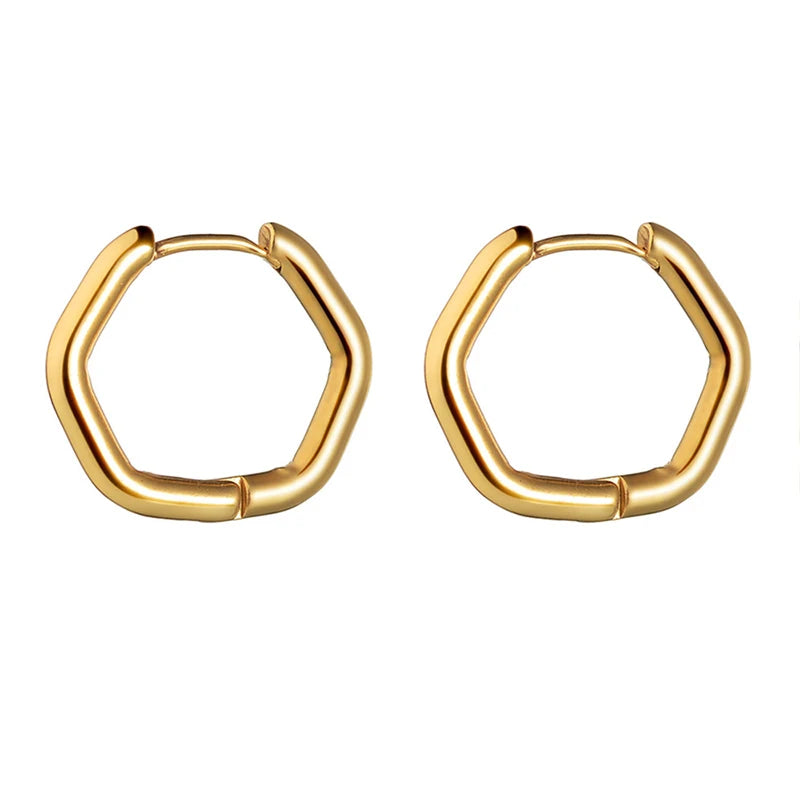 Gold glossy rounded square hoop earrings pair, hinged closure