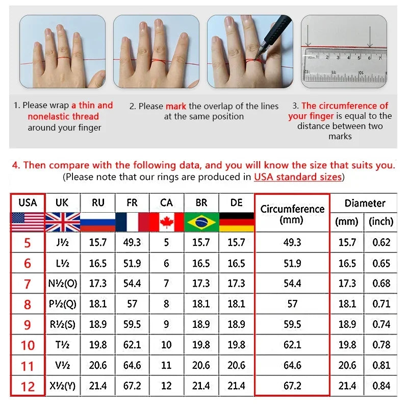 Ring sizing guide chart with circumference and diameter table for standard sizes