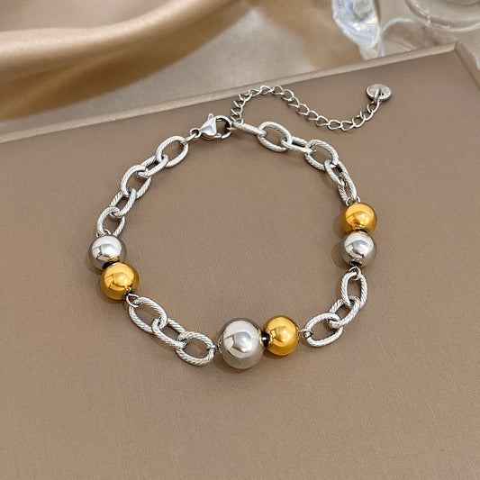 Chubby Two Tone Round Beads Bracelet for Women Fashion Gold Plated Stainless Steel Chain Bracelets Waterproof Jewelry