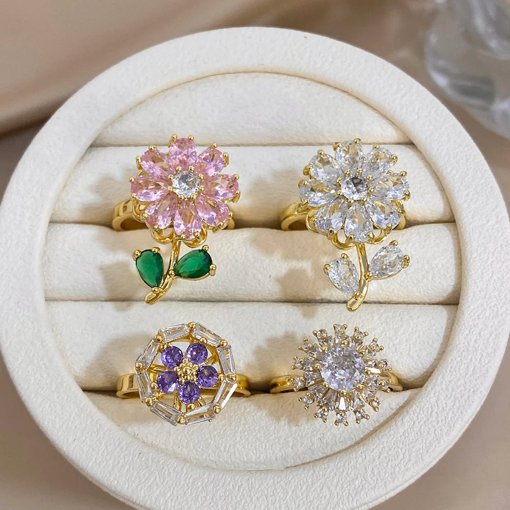 Gold-plated copper flower zirconia rings in a gift box, pink, white, purple designs