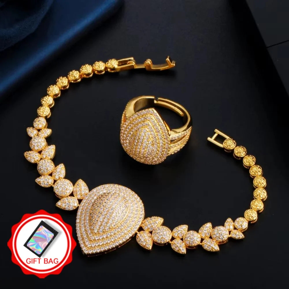 Gold-tone teardrop zircon bracelet and matching ring with gift bag