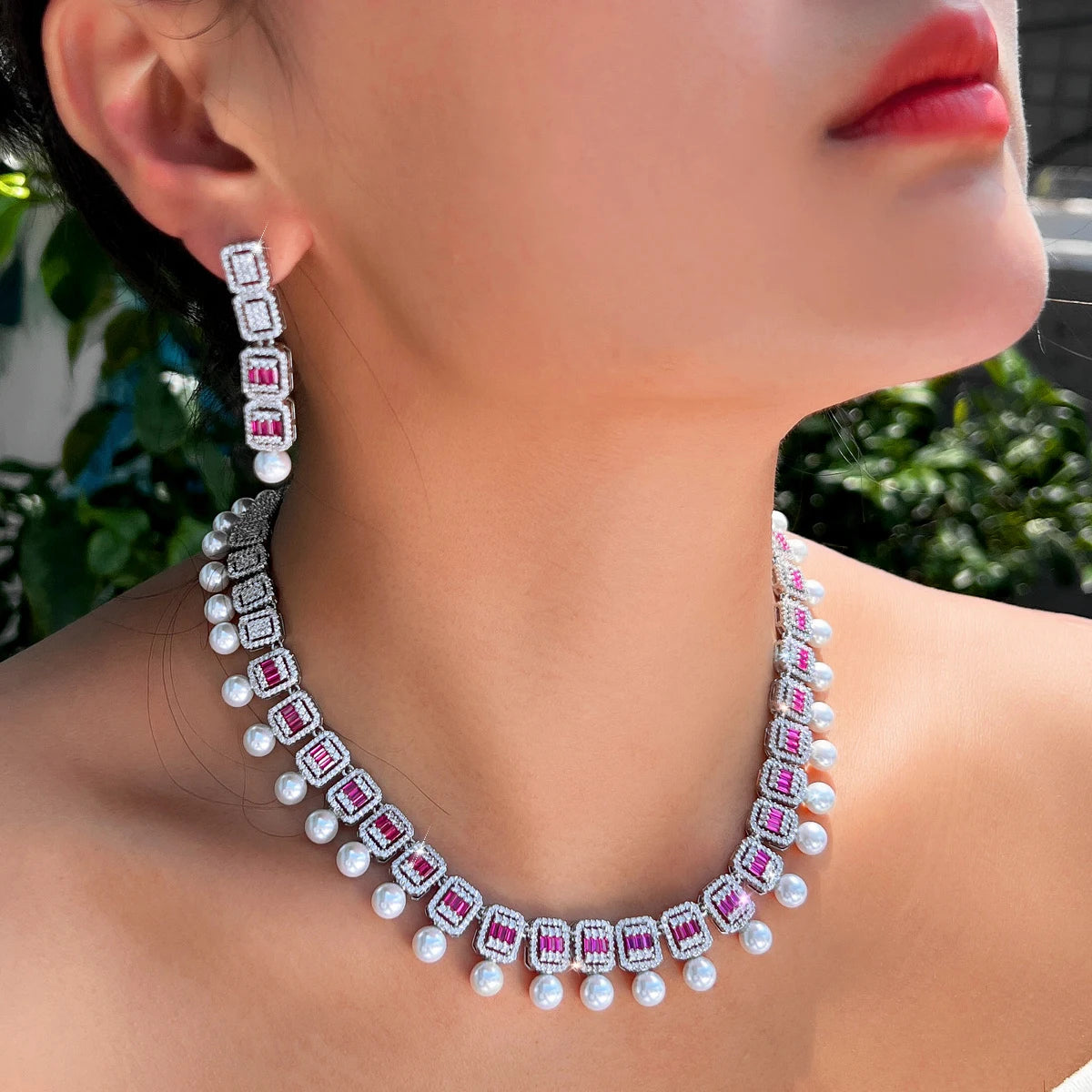 Geometric CZ jewelry set with rose accents, white pearl bead necklace and matching earrings