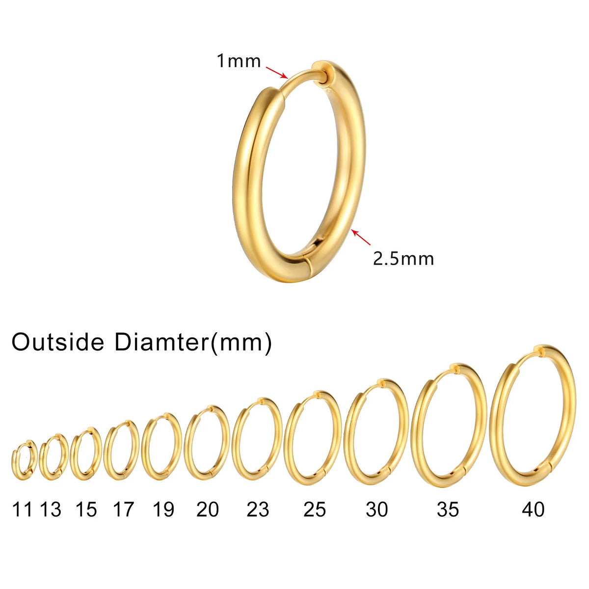 Gold hoop earring with 1 mm post and 2.5 mm band; size range shown from 11 to 40 mm.