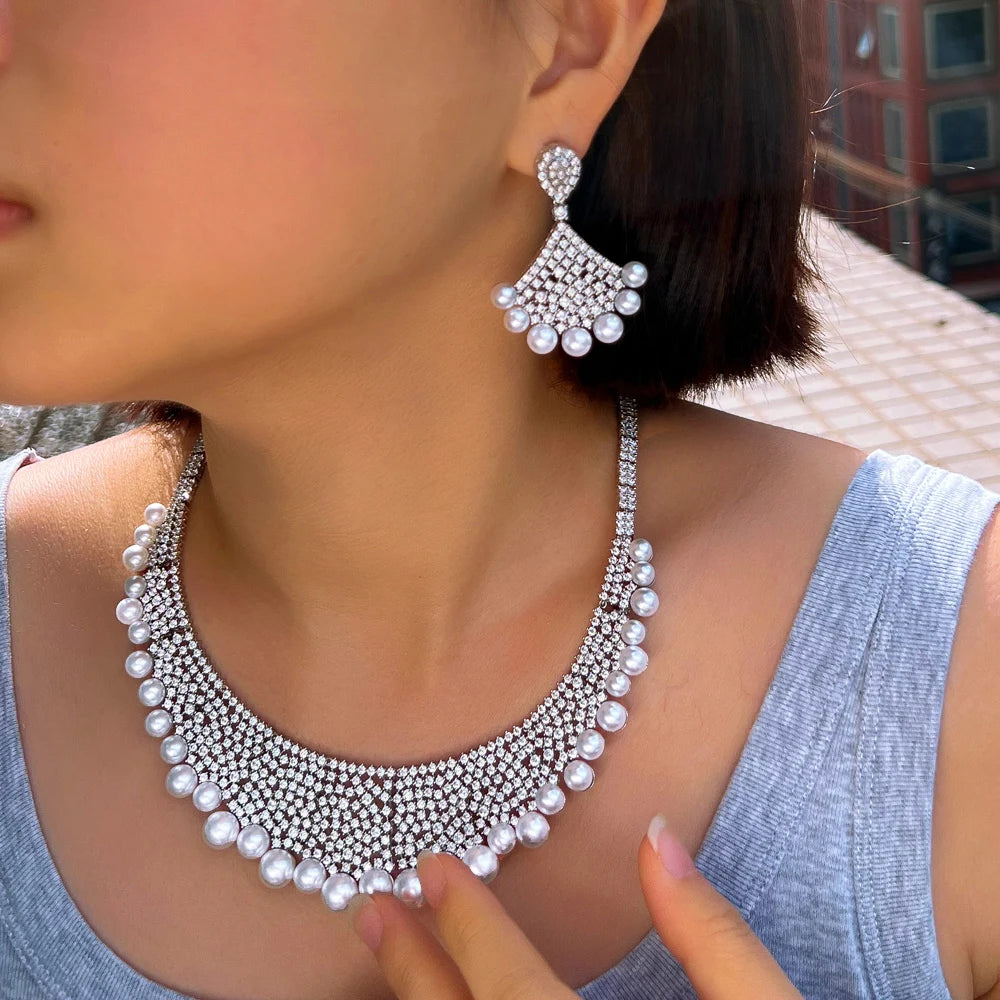 Luxury Handmade Cubic Zirconia Pave Chunky Jewelry Sets for Women Wedding Bridal Pearl Necklace