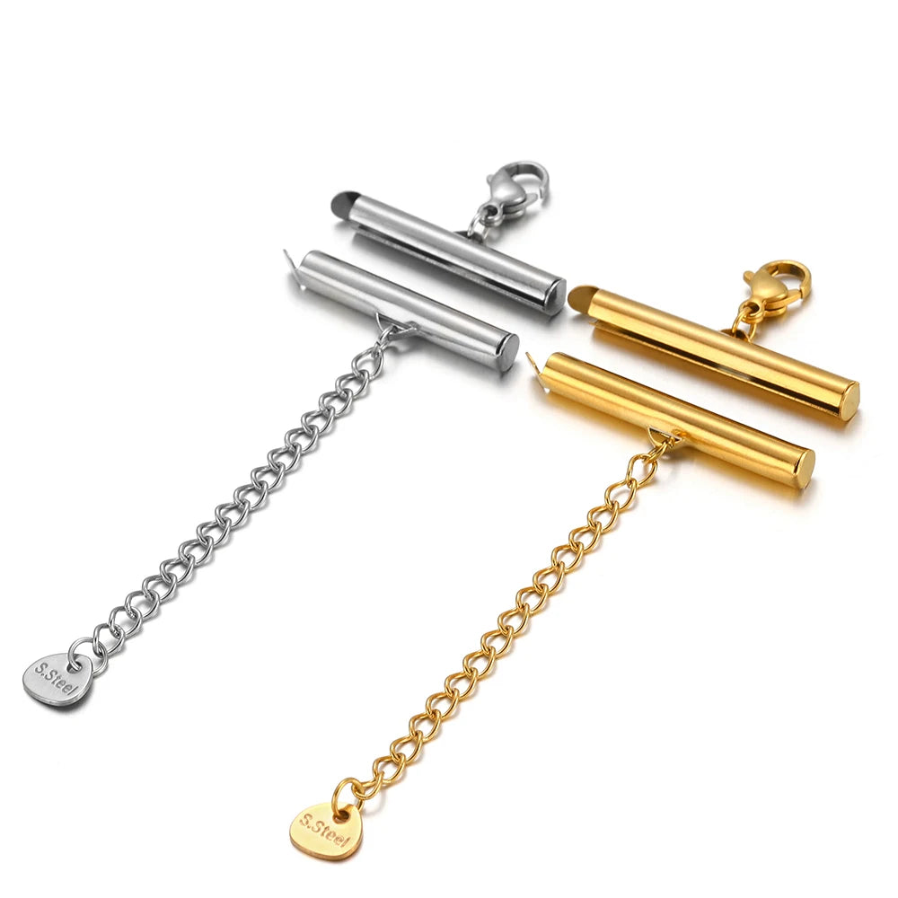 Steel and gold crimp end caps with chain connectors and round tag details