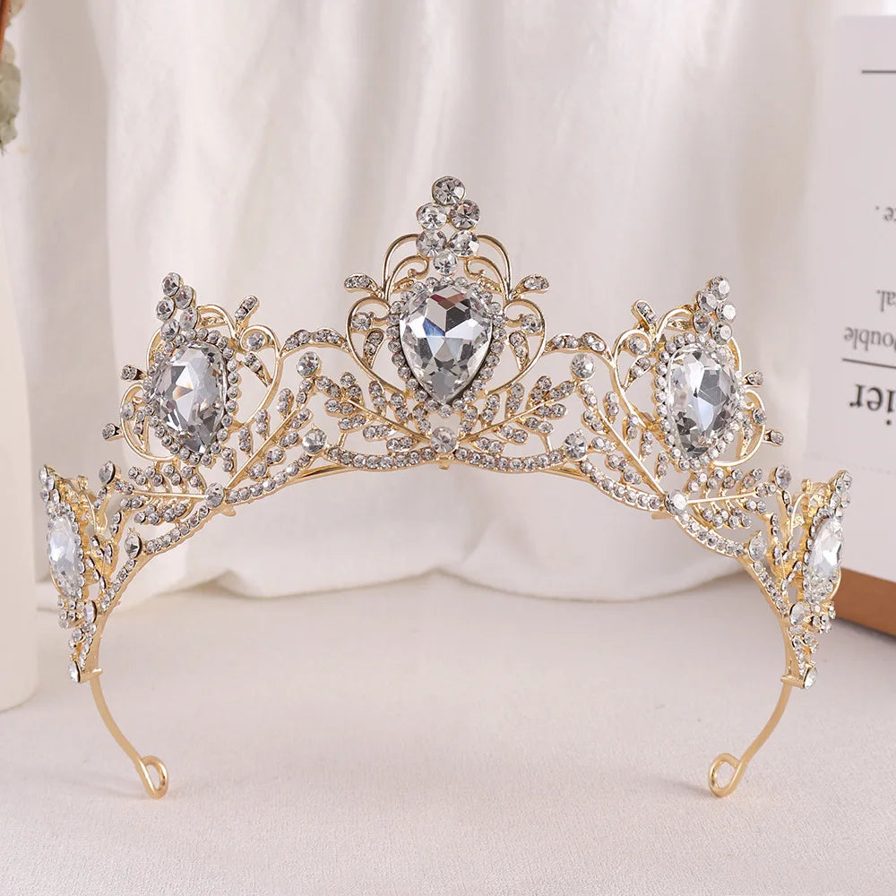 Gold bridal tiara with clear rhinestone crown and faceted center teardrop
