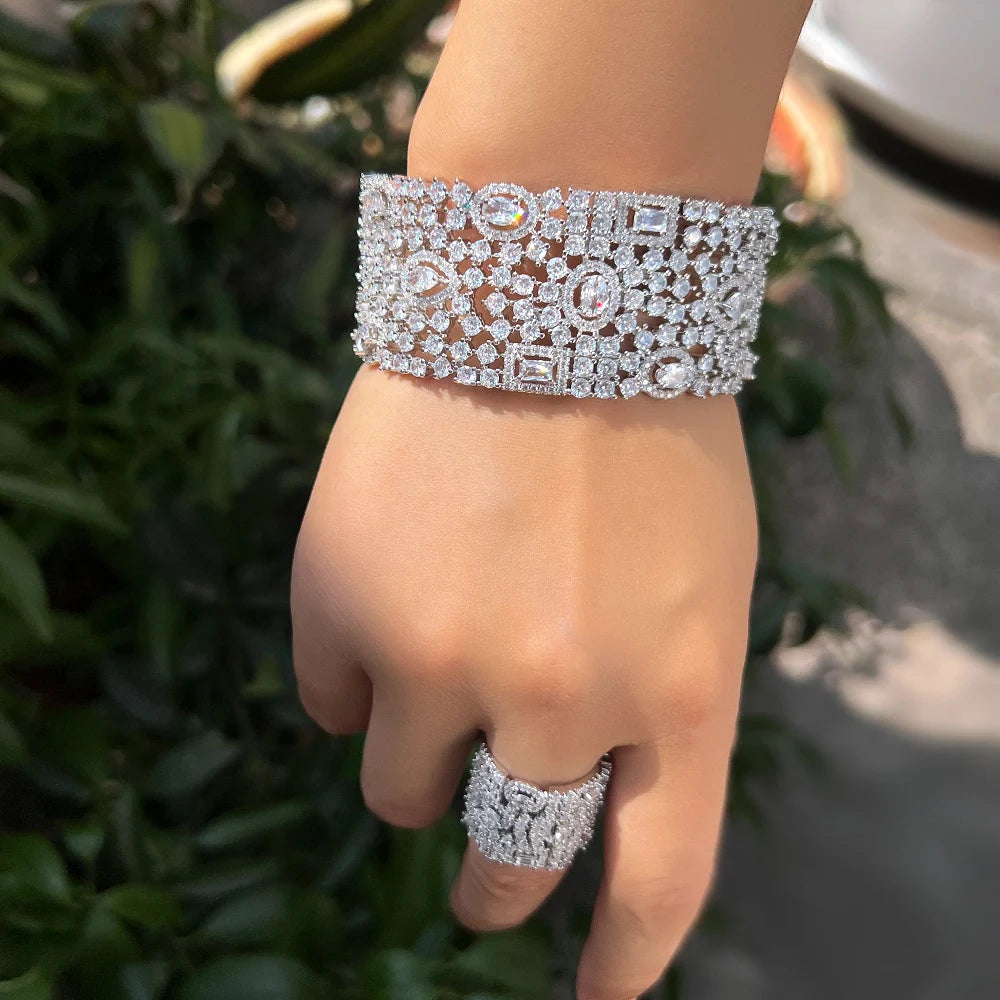 Cubic zirconia wide cuff bracelet and matching ring set