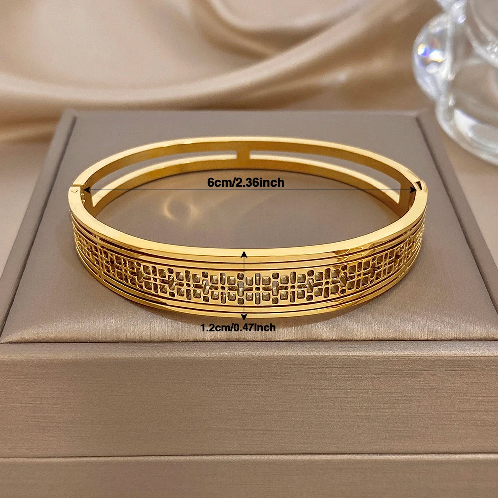 18K Gold Plated Stainless Steel Cuff Bangle Exaggerated Hollow Palace Textured Smooth Wide Bracelets Waterproof Jewelry