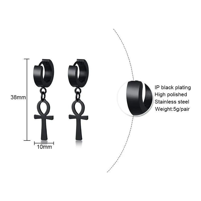Black cross drop hoop earrings with straight cross charm and small ring detail