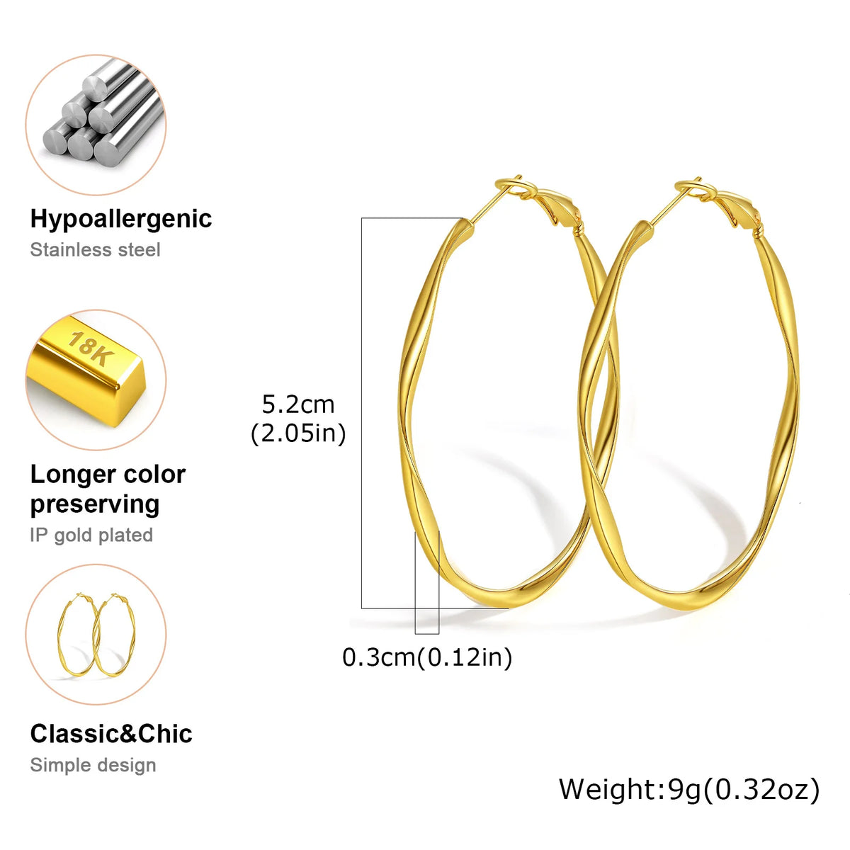 Gold-tone twisted hoop earrings with click-top clasps and size details