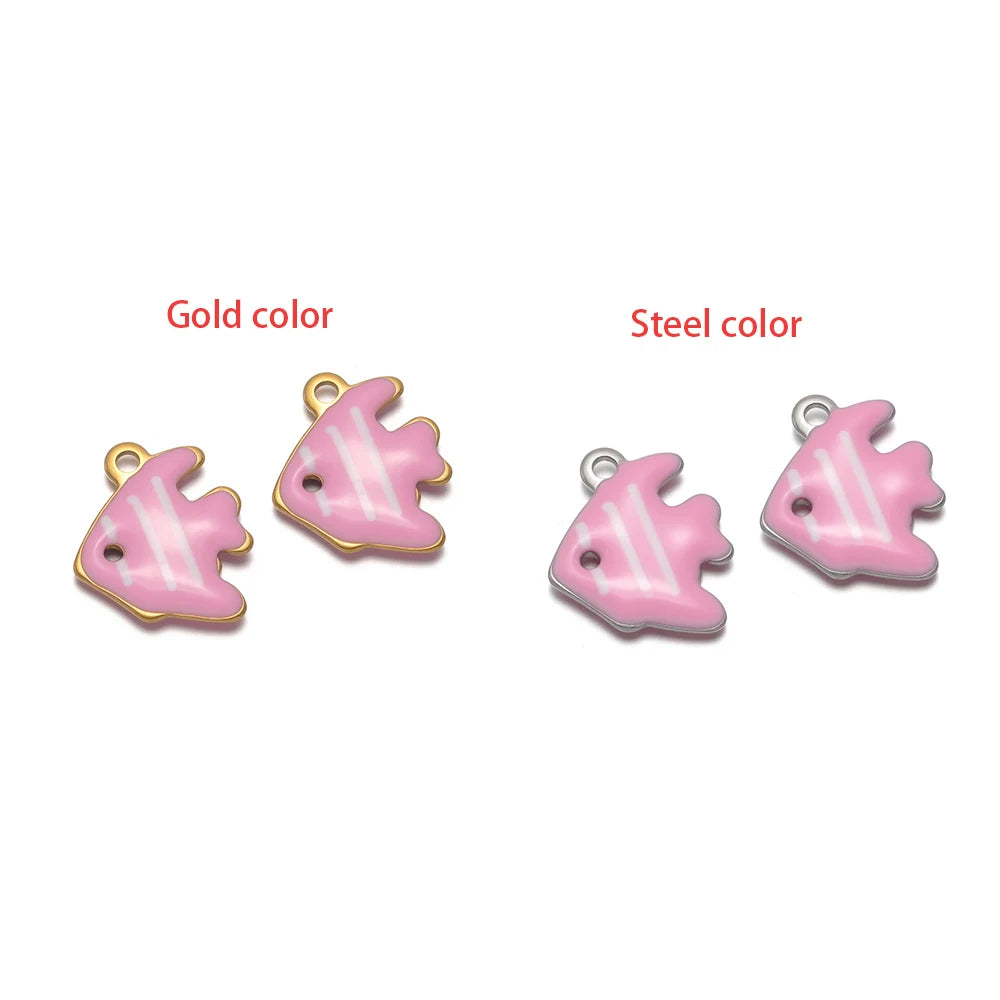 Pink shark-like enamel charms in gold and steel metal colors, two styles