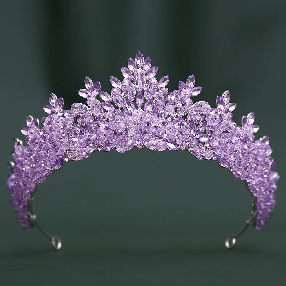 Large bridal tiara with light purple crystal flower crown and silver-tone headband
