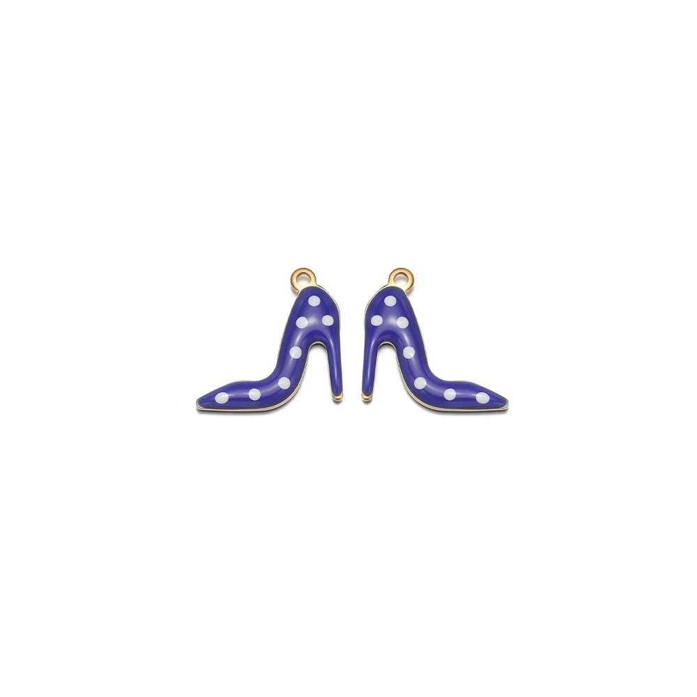 Blue enamel high-heel charm with white polka dots and gold loop bail