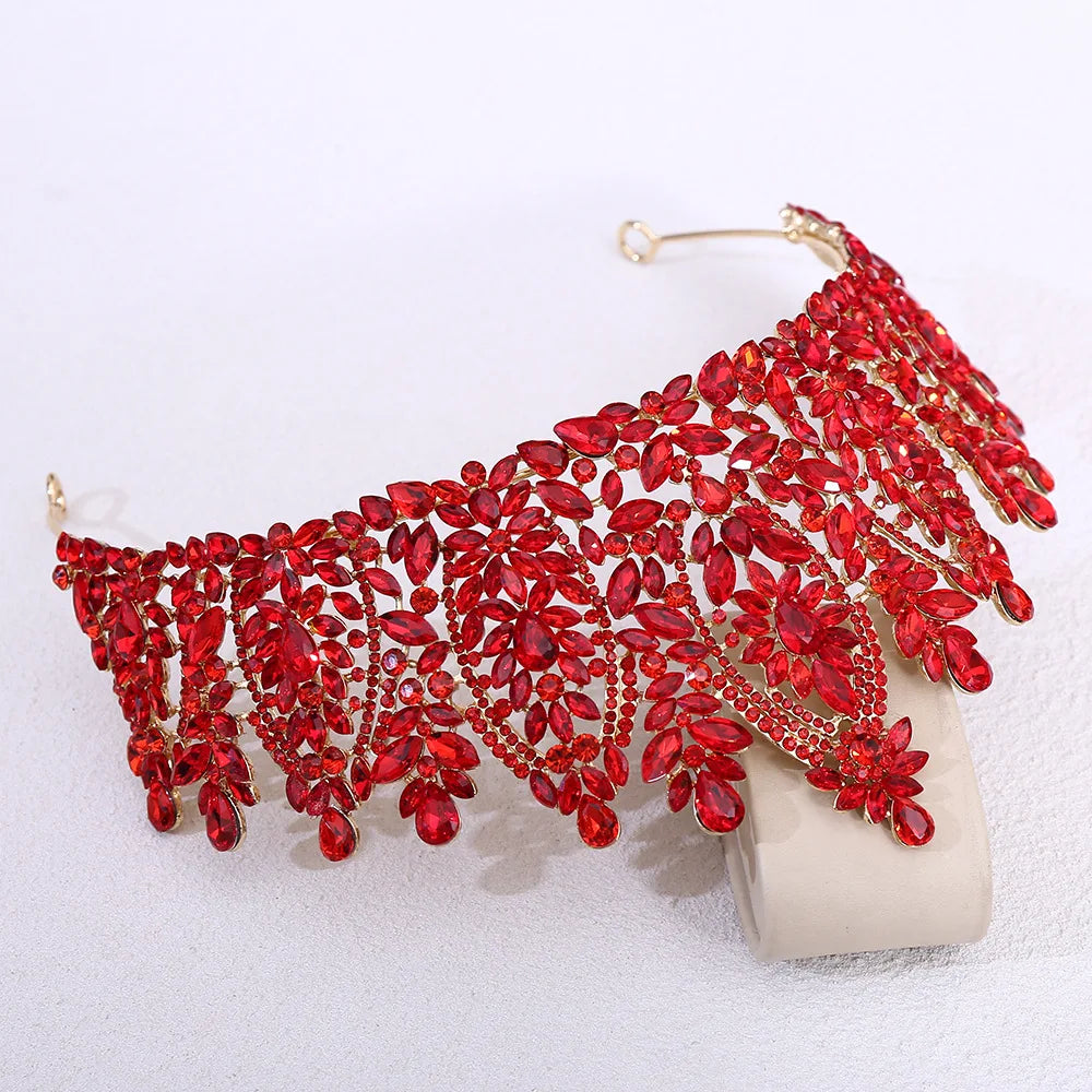 Red crystal tiara with marquise stones and scalloped dangling fringe
