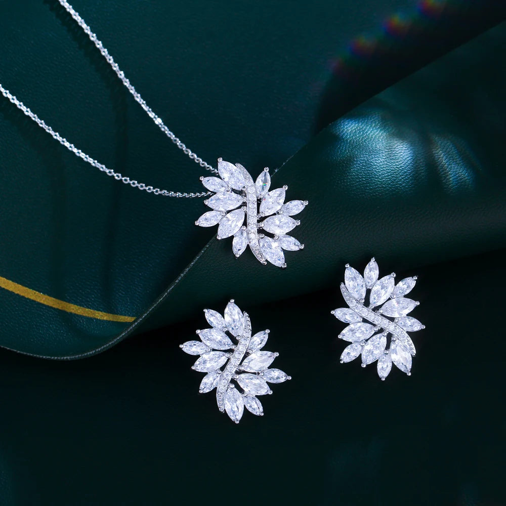 Silver-tone zirconia leaf jewelry set with marquise-cut stones, necklace and matching earrings