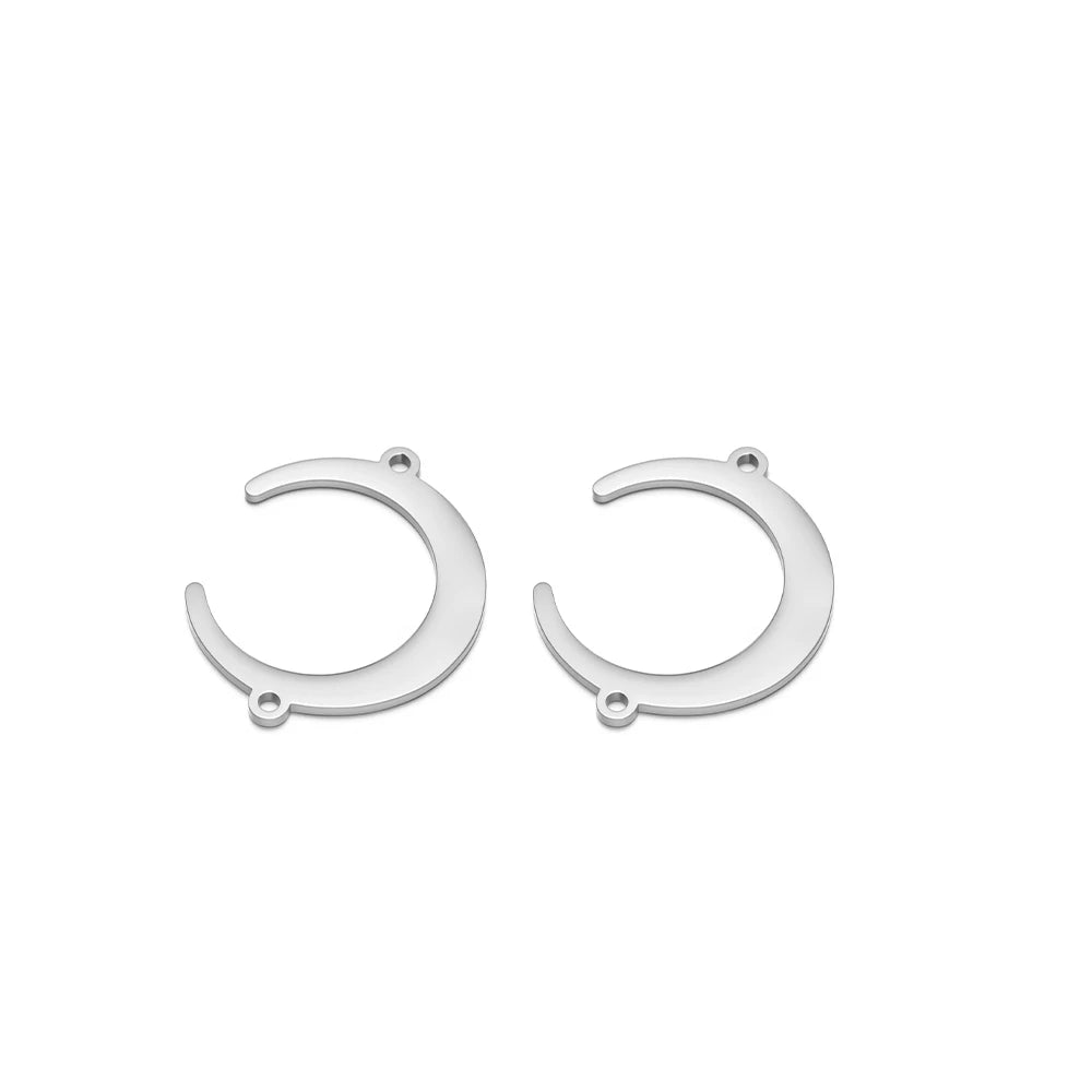 Silver moon-shaped pendant charms with double-hole connectors, pair