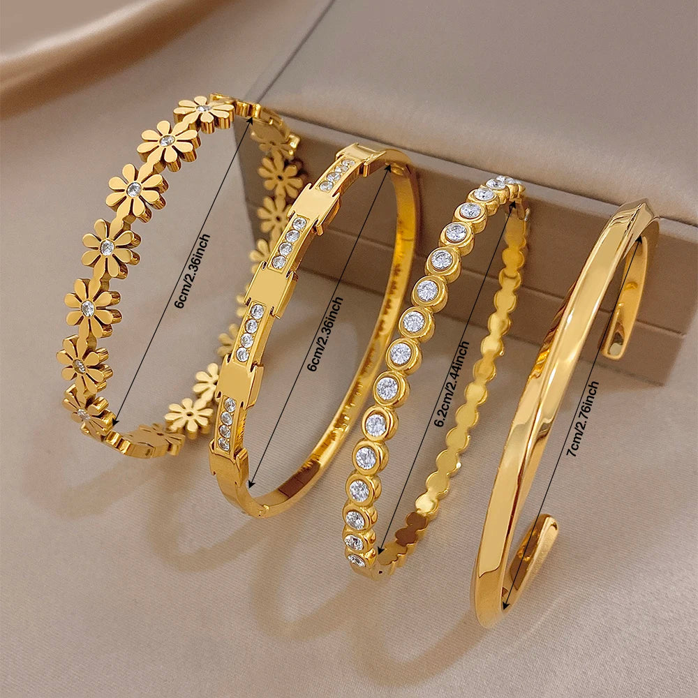 Delicate Zircon Flower Geometric Cuff Bangle for Women Glossy Gold Plated Stainless Steel Wristband Bracelets Waterproof Jewelry