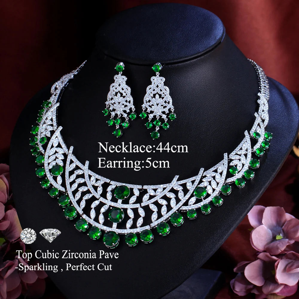 Necklace and chandelier earrings set, silver lattice with green stone accents