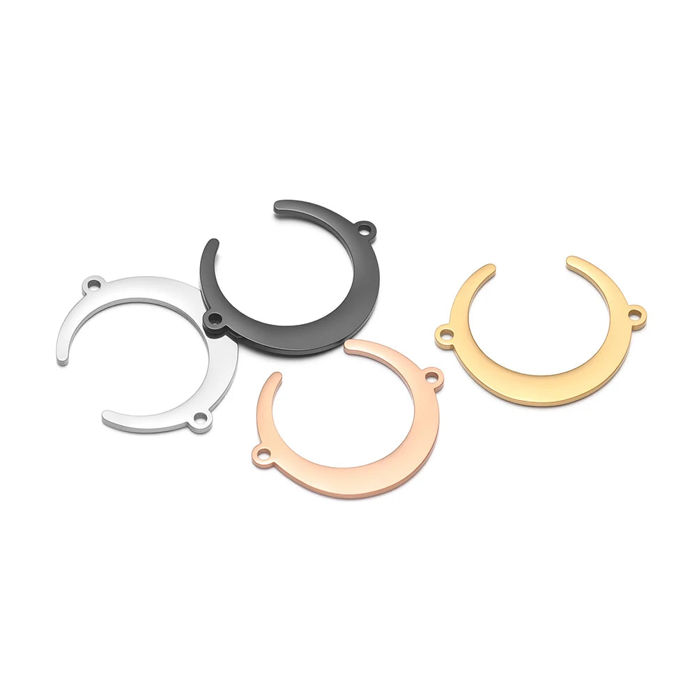 Moon-shaped pendant charms with double-hole connectors in mixed finishes: silver, gold, rose, black
