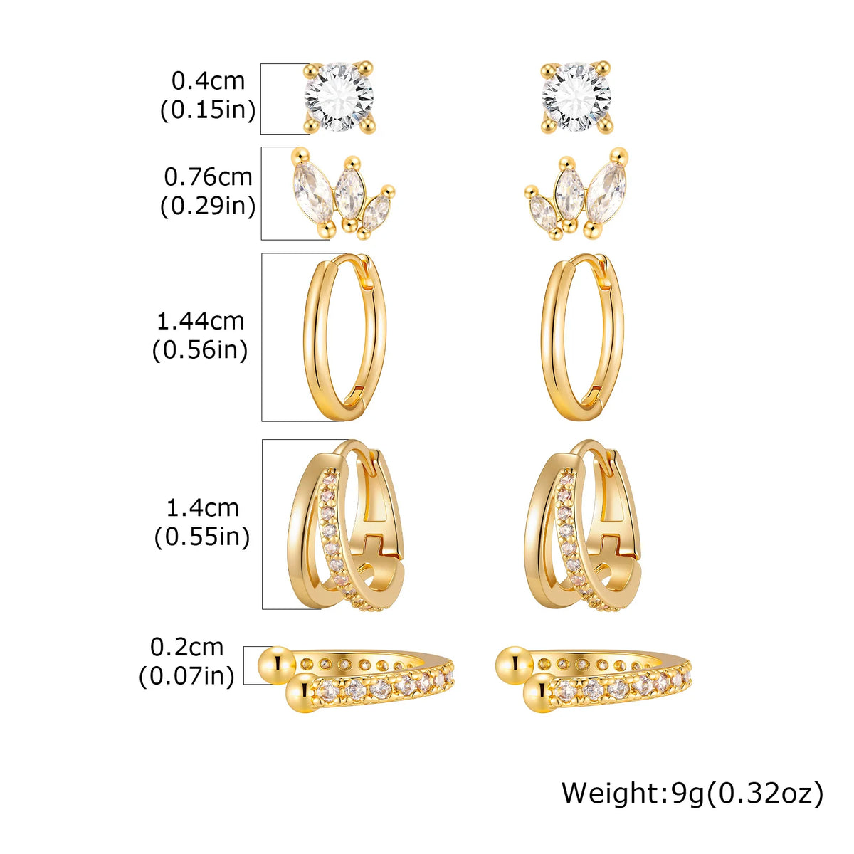 Gold-plated CZ huggie hoop earring set diagram with stud, hoop, and band styles