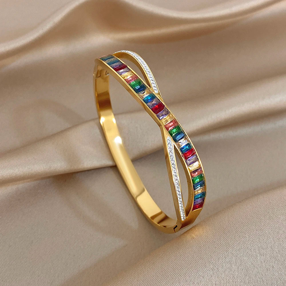 Delicate Colorful Zircon Flower Wave Wide Bracelet for Women Trendy Gold Plated Stainless Steel Cuff Bangles Waterproof Jewelry