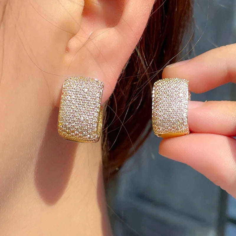 Square cubic zirconia hoop earrings in gold tone with bright full-stone surface