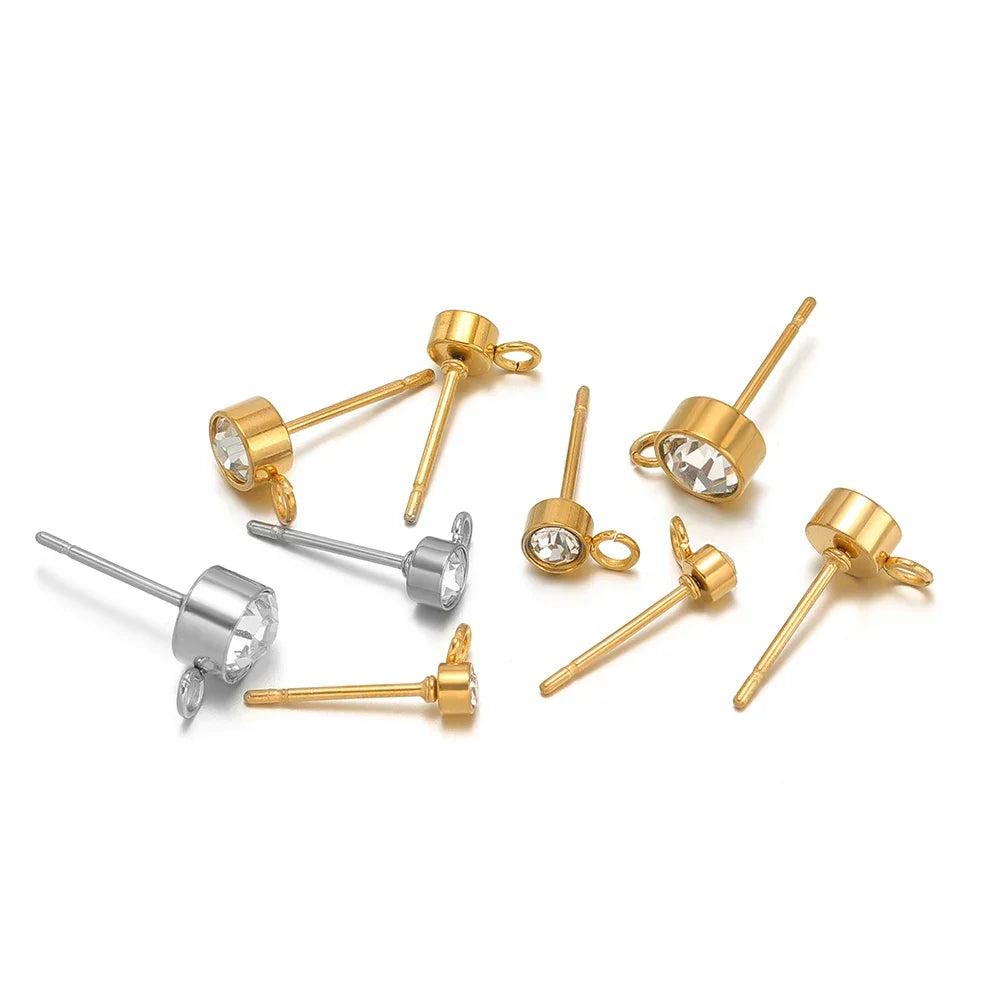 Zircon stud earring posts in gold and silver tones, round crystals with loop backs