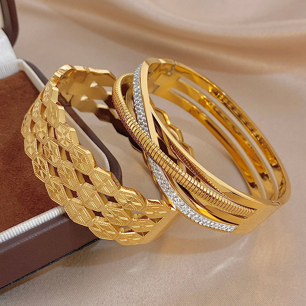 Chunky Gold Plated Stainless Steel Bangle Bracelets Exaggerated Hollow Geometric Textured Cuff Bangles Waterproof Jewelry Set