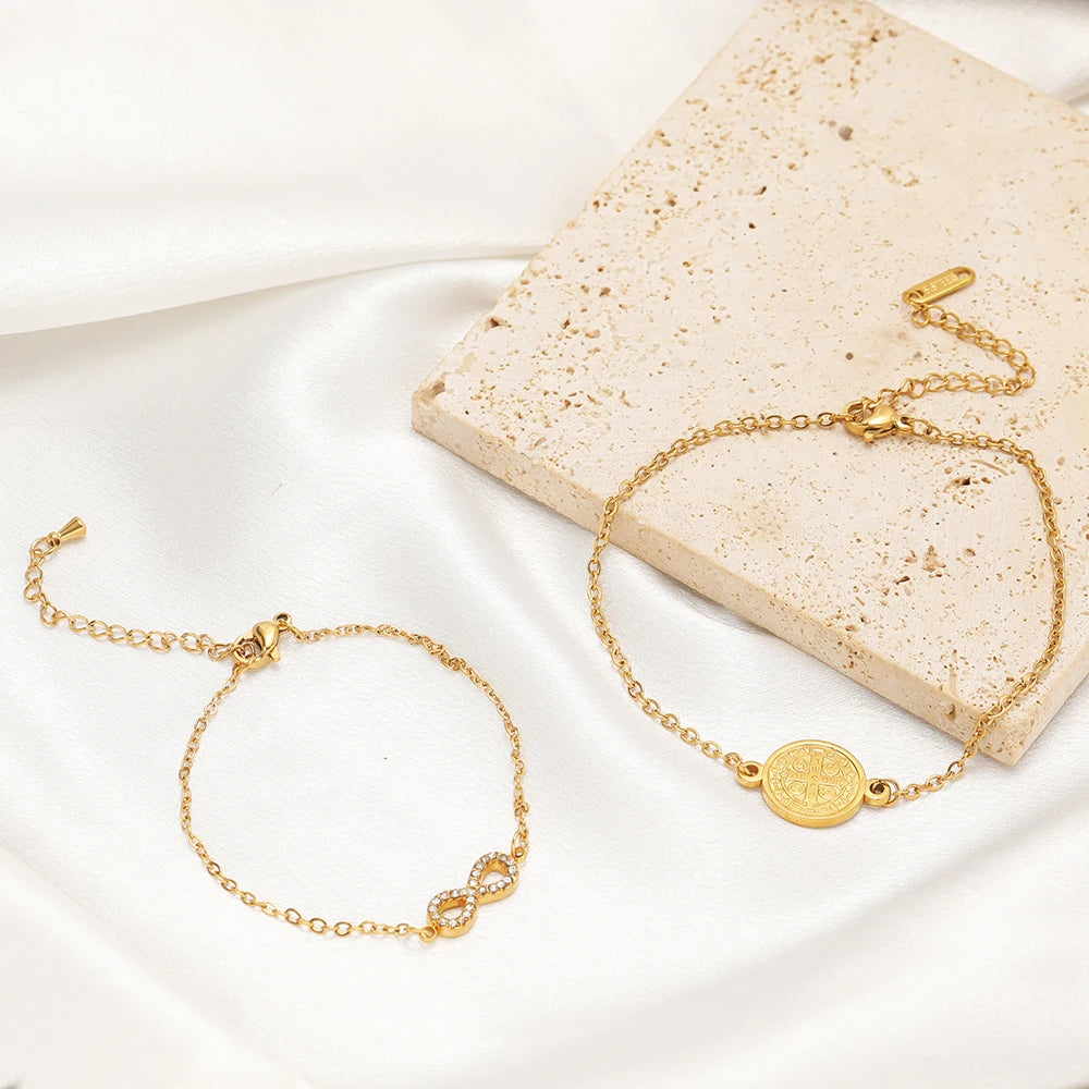 Gold-tone adjustable flat link chain anklet/bracelet set with coin charm and clasp