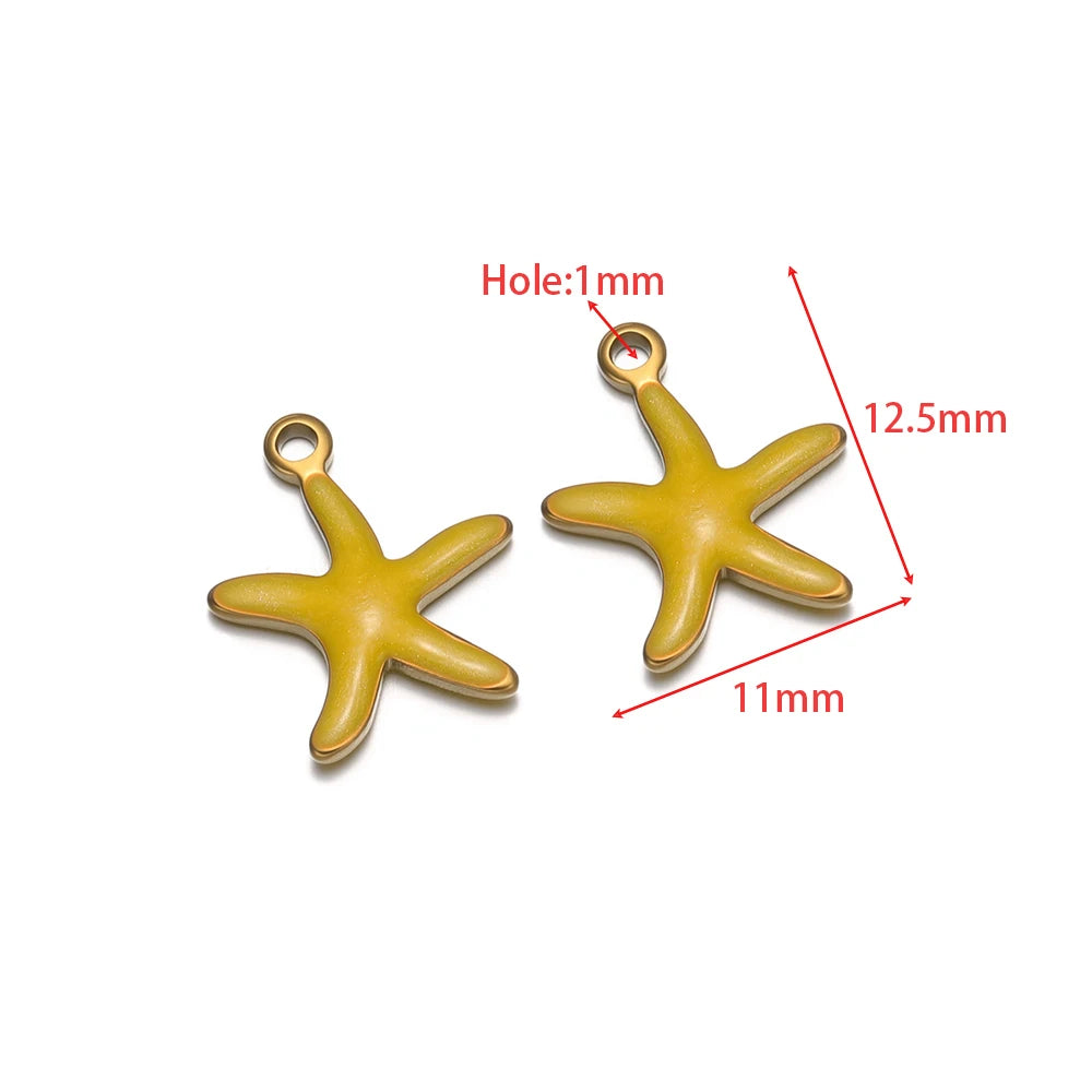 Yellow starfish pendant charm with gold-tone loop and hanging hole, size markings shown