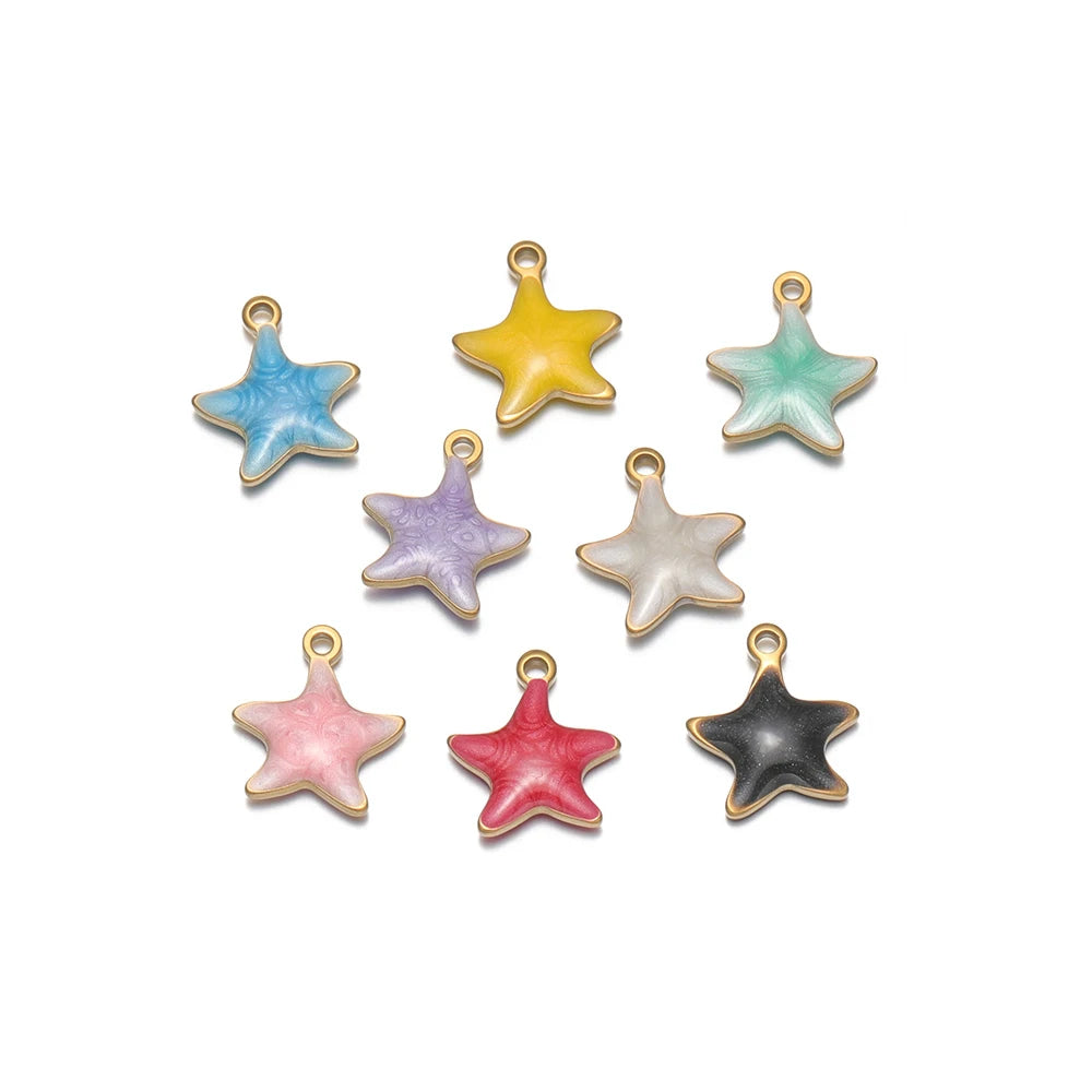 Assorted enamel star charms with gold-tone loops in blue, yellow, purple, pink, black