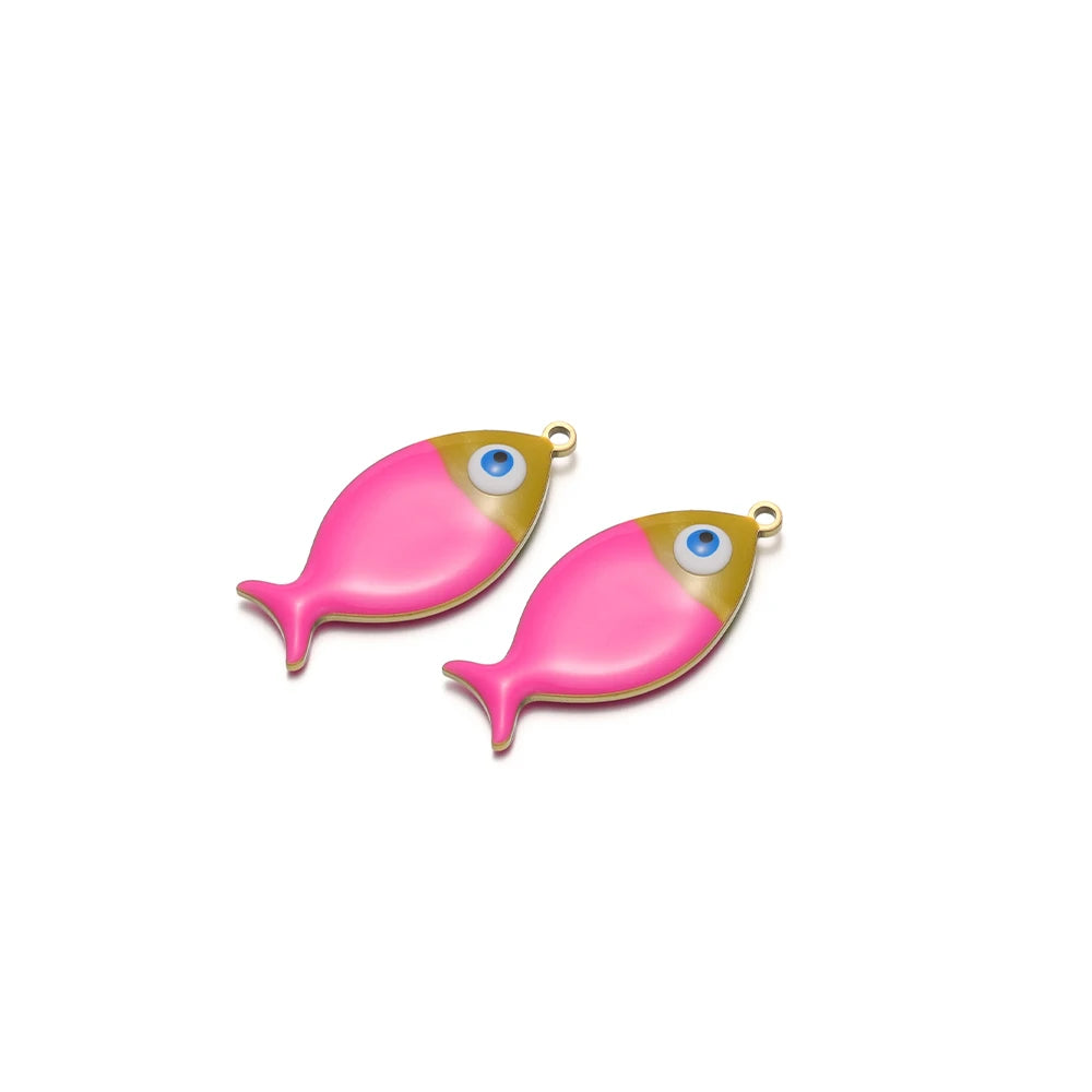 Pink enamel fish charms with gold loop and blue eye detail, 2pcs for DIY jewelry.