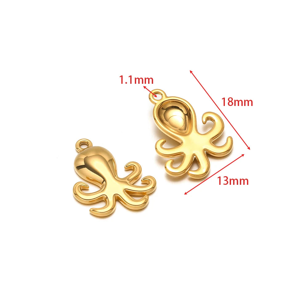 Stainless steel animal charm pendants set, octopus shaped with gold-tone finish and connector loops