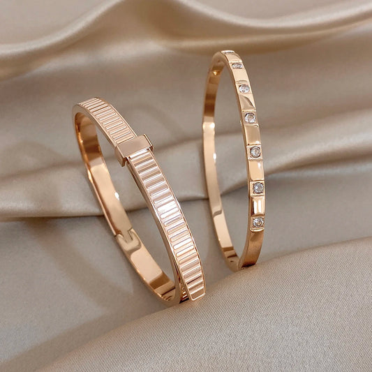 Glossy Rose Golden Stainless Steel Cuff Bangle Bracelets for Women Fashion Geometric Belt Wristband Bracelet Waterproof Jewelry