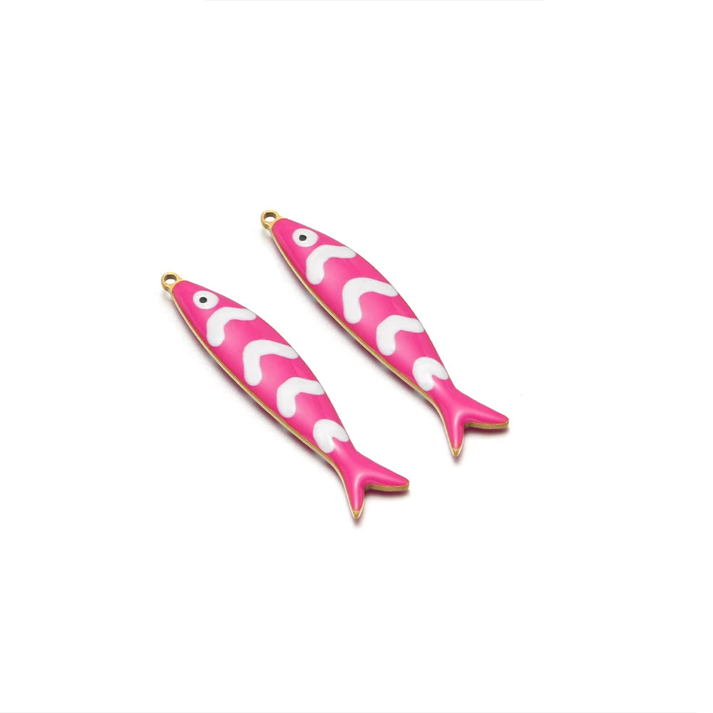 Pink fish enamel charm with white pattern and gold loop, set of 2