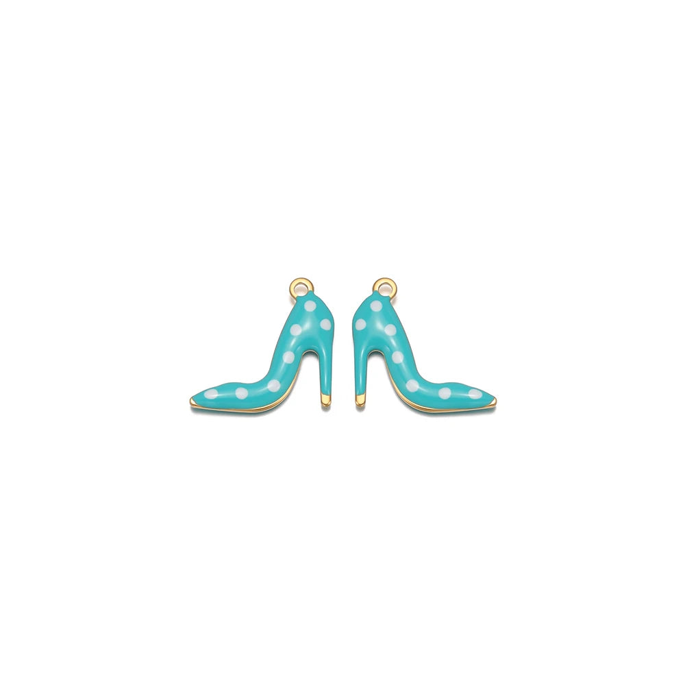 Light teal enamel high-heel charm with white polka dots and gold loop bail
