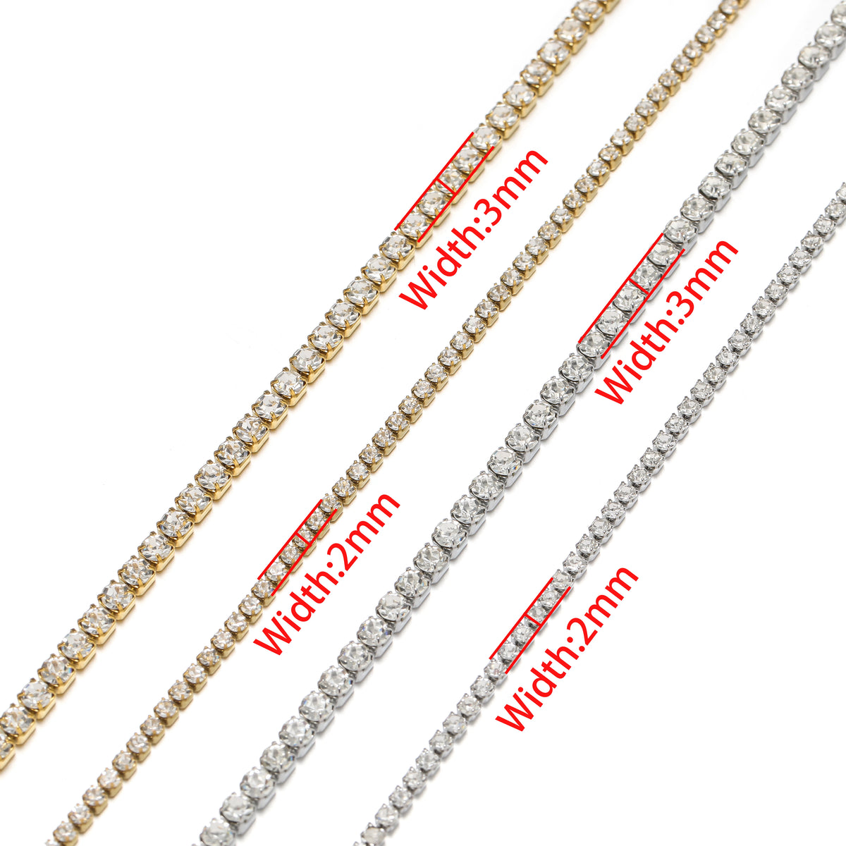 Narrow cubic zircon chain strands in gold and silver with fine square-link sparkle