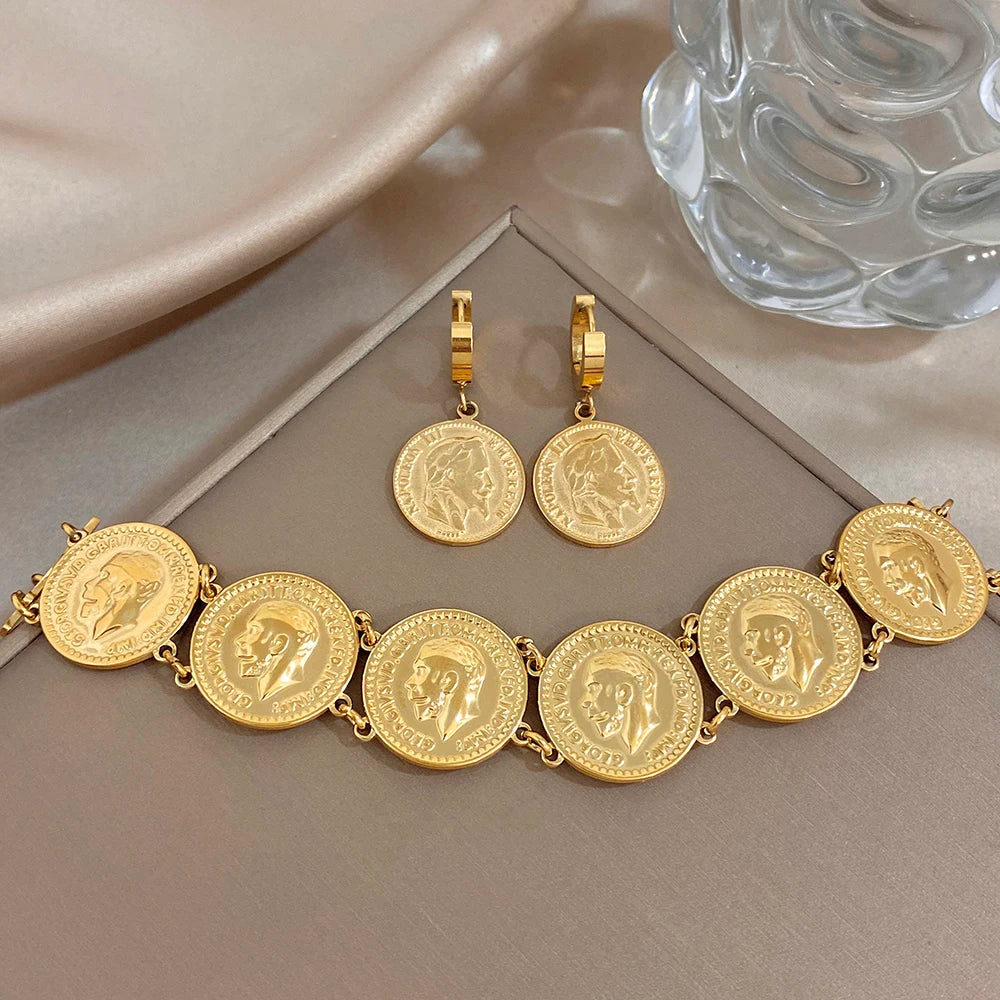 Gold coin charm bracelet with matching hoop drop earrings set