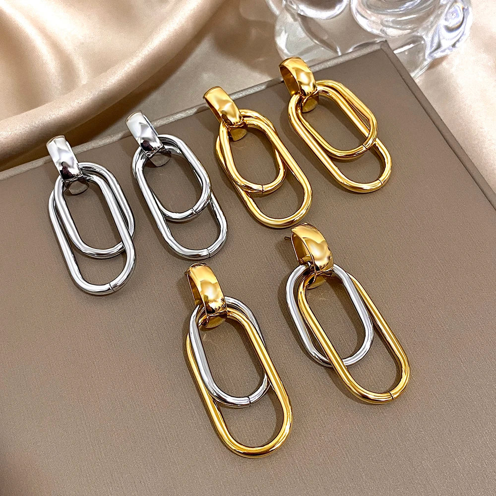 Stainless steel drop earrings in gold and silver with double oval links