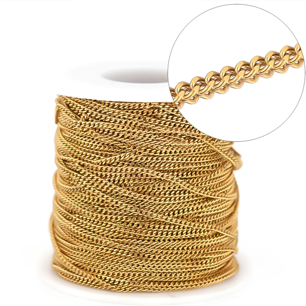 Gold curb Cuban link chain with interlocking links on a coil spool