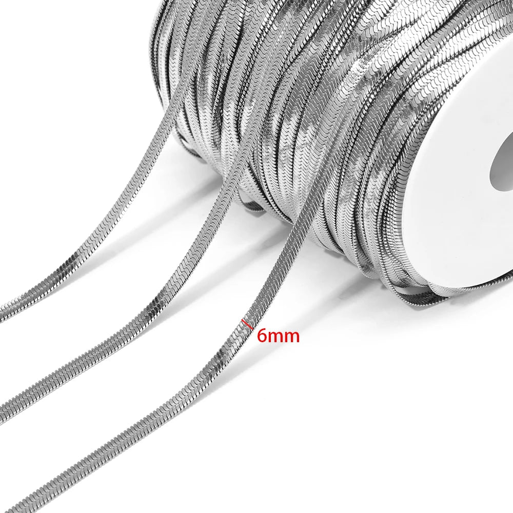 Silver flat snake chain cord, 6mm thickness, coiled on white spool