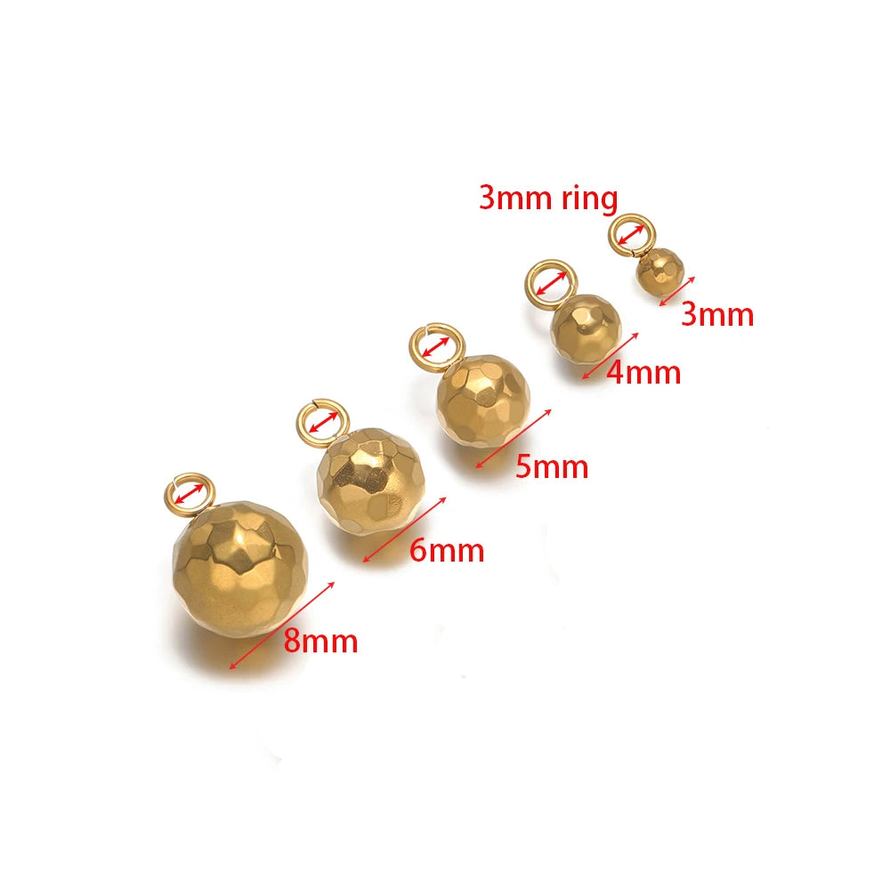 Gold hammered ball bead charms with double loop connectors, small to large faceted beads