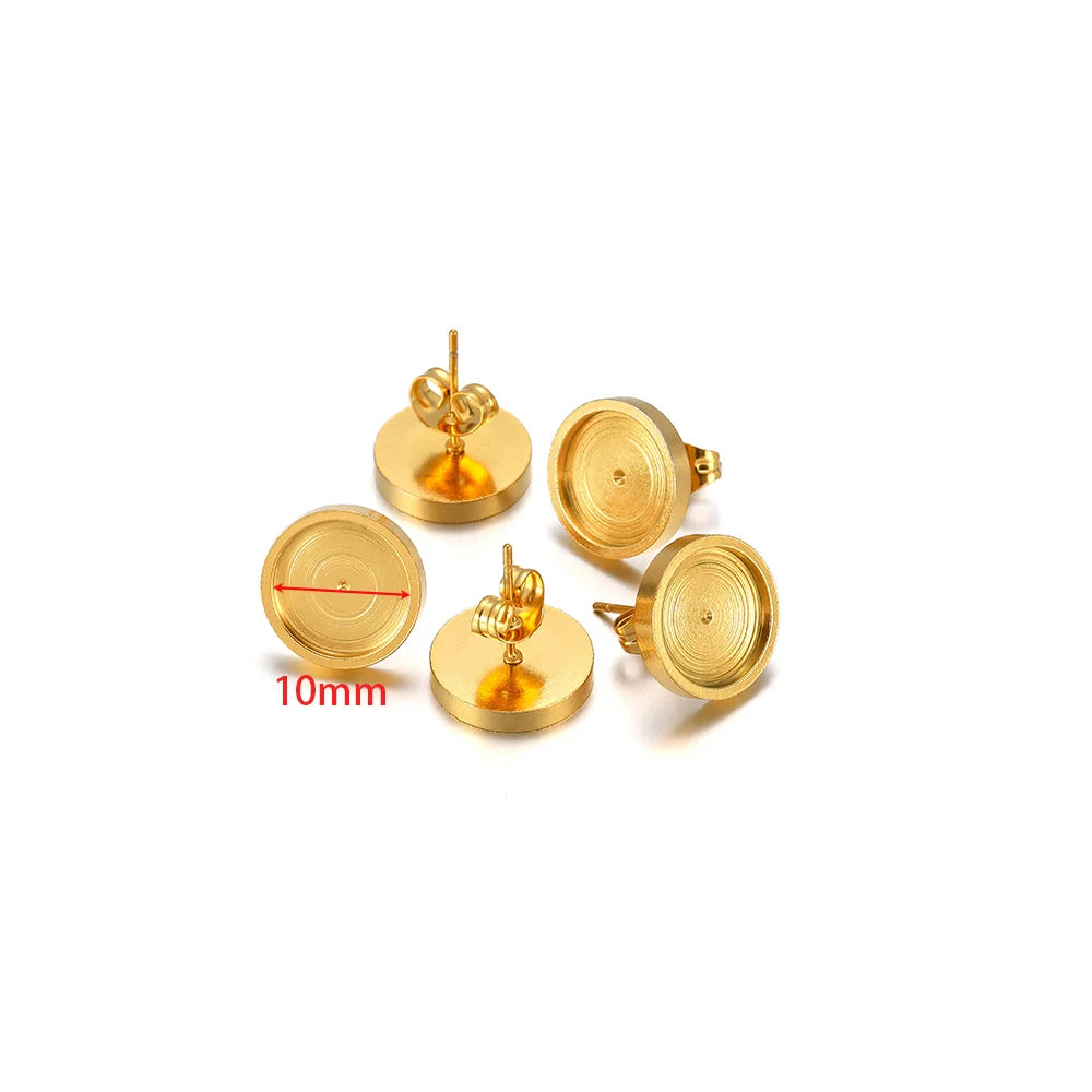 Gold-tone stud earring bases, 10mm flat cabochon settings (20 pcs)