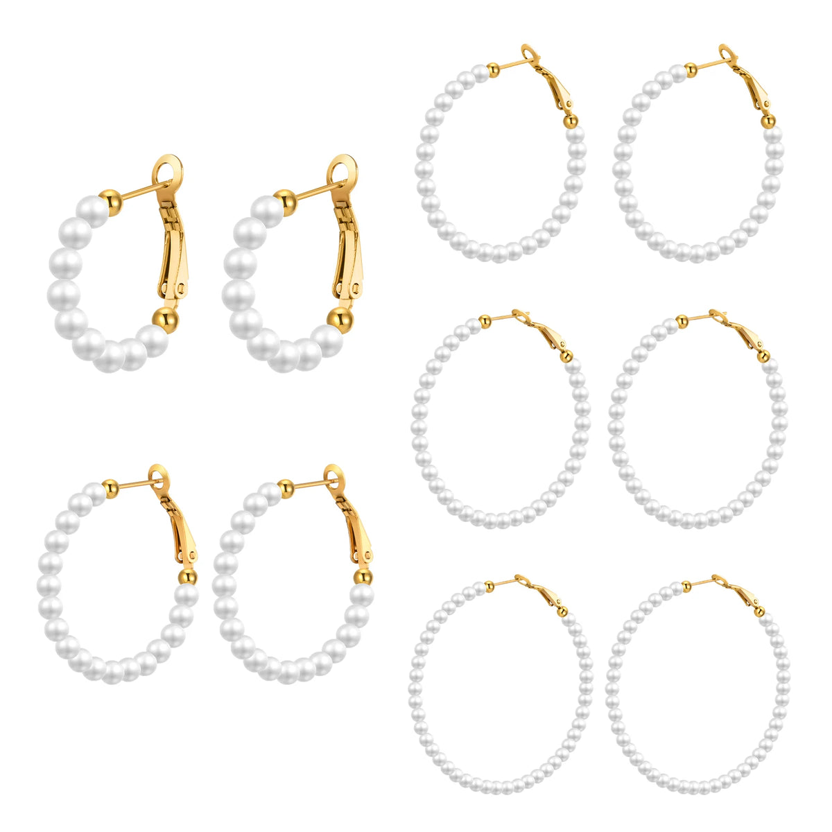 Five pairs of simulated pearl hoop earrings with gold-tone clasps in varied sizes