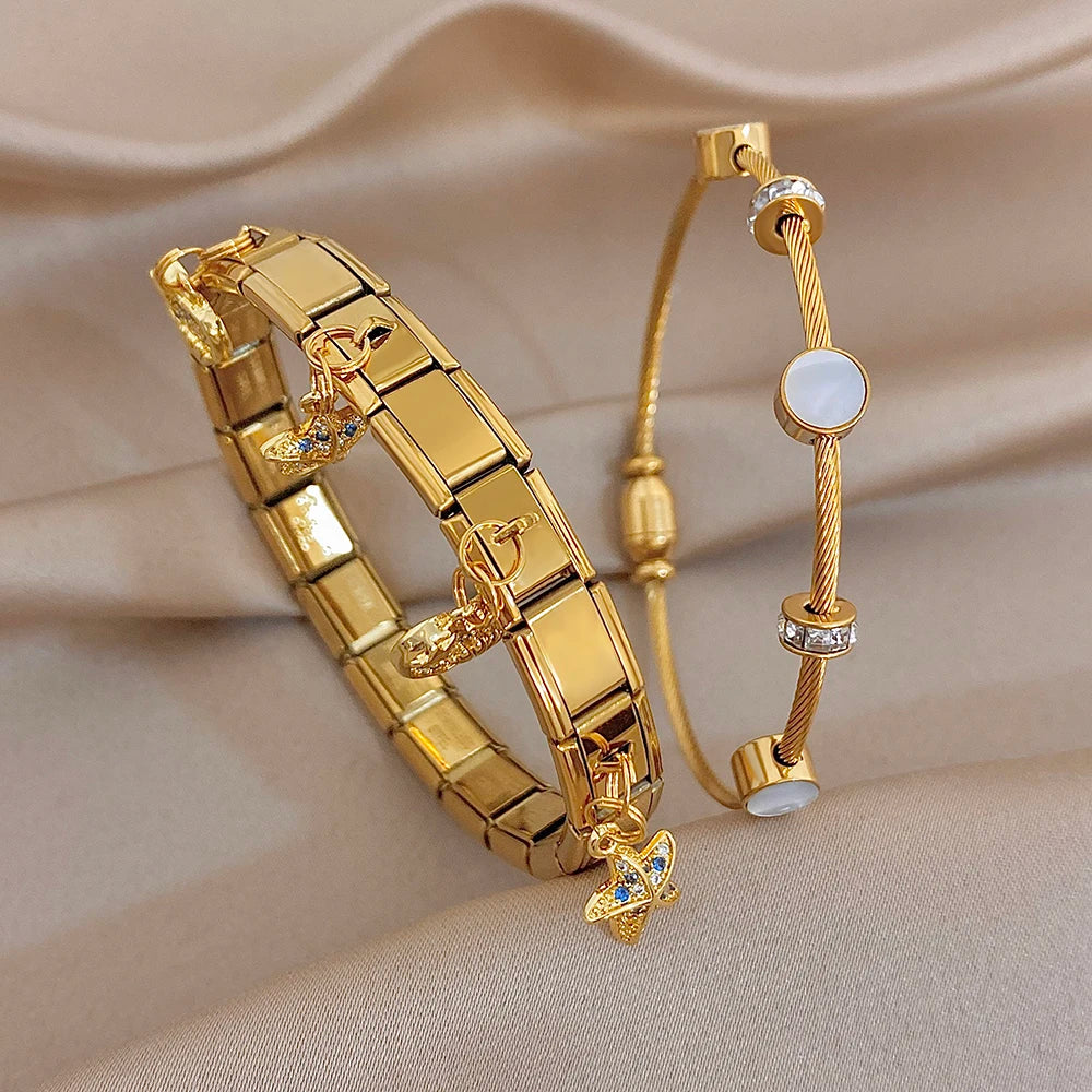 Glossy Gold Plated Stainless Steel Cuff Bangle for Women Chic Zircon Elastic Star Heart Shell Charm Bracelets Waterproof Jewelry