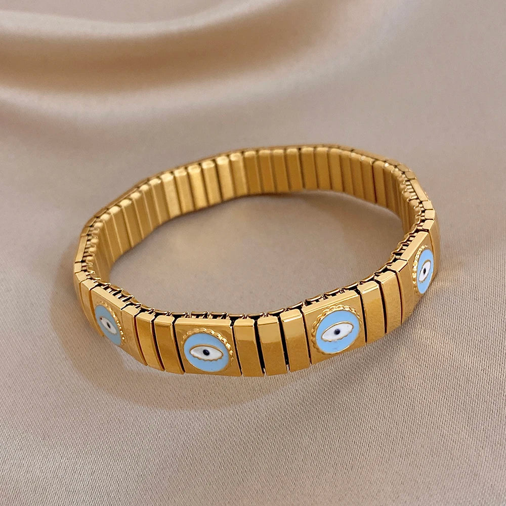 Chunky Gold Plated Stainless Steel Watch Band Bracelet Colorful Enamel Round Evil Eye Wide Bangle Bracelets Waterproof Jewelry