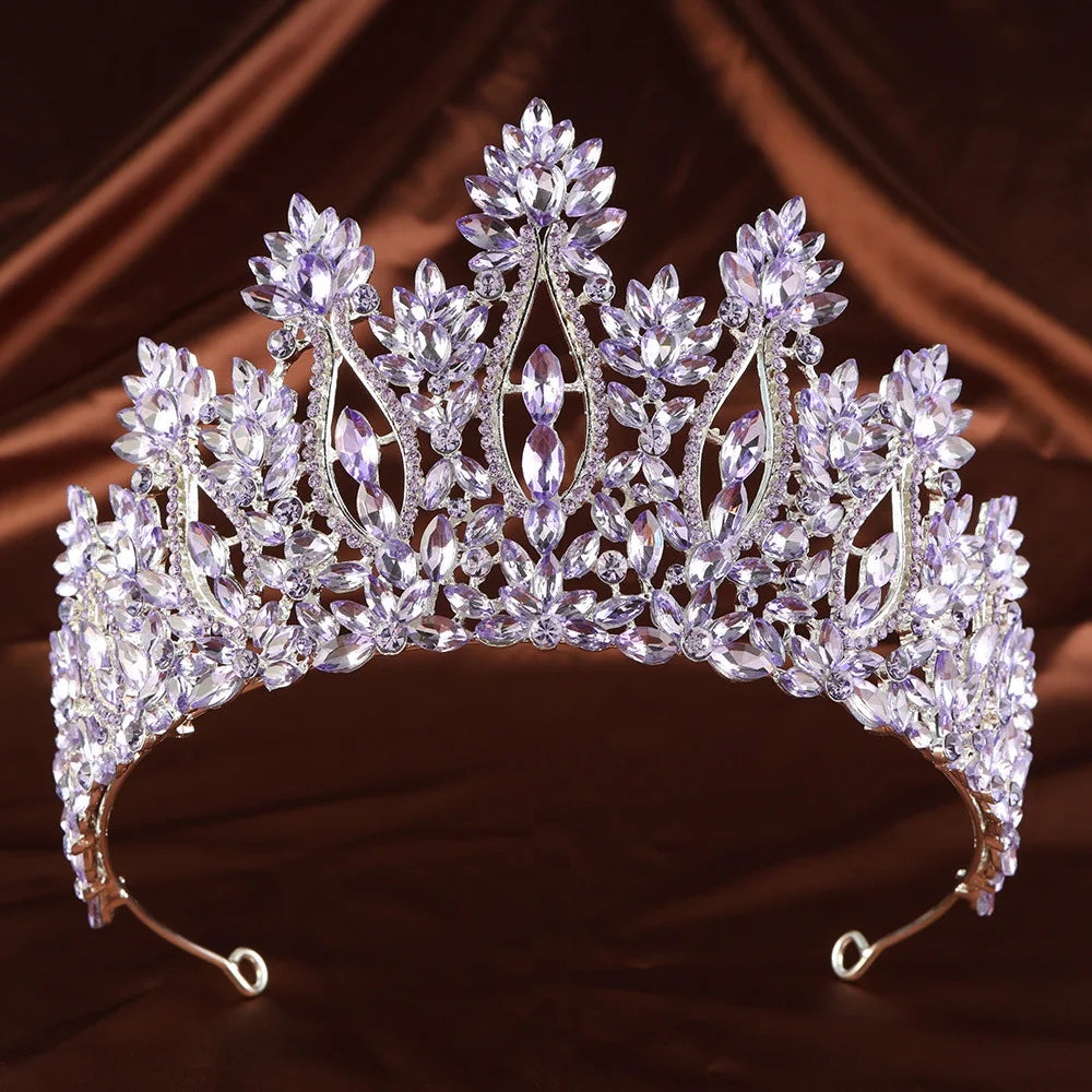 White crystal rhinestone tiara with oval and leaf accents and curved band